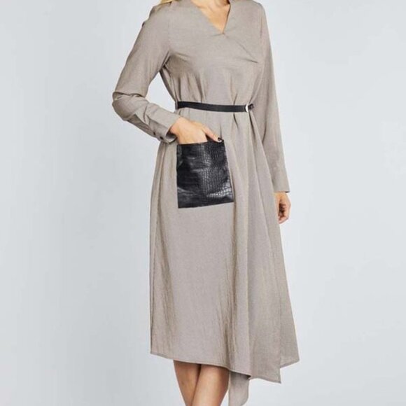 Belted Midi Dress w/ Faux Leather Pocket and Belt | Long Sleeve - Picture 4 of 10